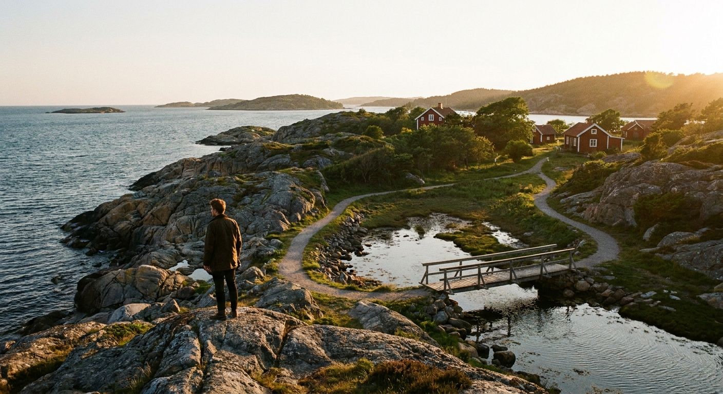 A lone figure stands on a rocky outcrop overlooking a dramatic Swedish coastal landscape at golden hour. A winding path below clearly splits into two: one branch continues directly along the coastline, while the other crosses a quaint wooden footbridge over a small inlet, both leading towards picturesque, distant red cottages. This vivid photograph captures a sense of choice and connection in a beautiful, expansive scene.