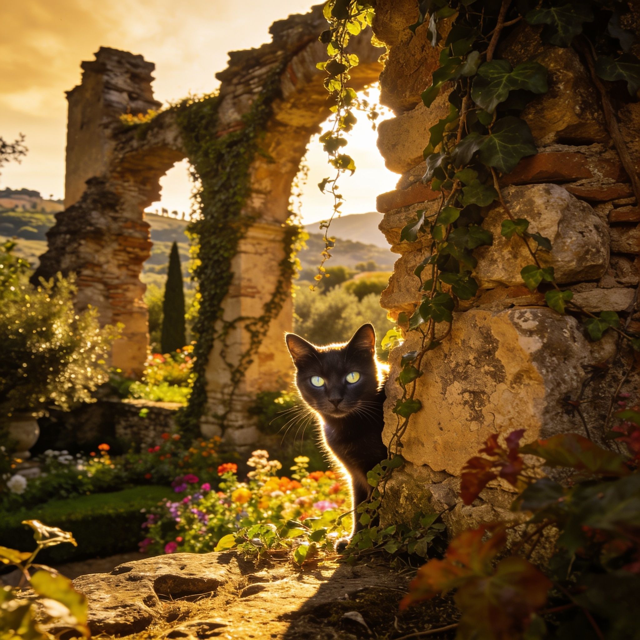 A dramatic, sun-drenched photograph captures a sleek, curious cat with bright eyes peeking out from behind ancient, ivy-covered stone ruins in an Italian garden, as if just discovered. The scene is composed for a 3:2 landscape frame.