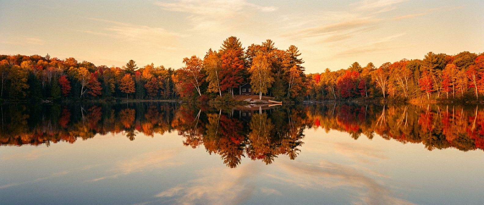 A perfectly symmetrical reflection of a vibrant autumn forest scene in the still surface of a clear lake, bathed in warm golden hour light. The rich colors of the trees are mirrored flawlessly, creating a powerful sense of doubling and balance in a wide, horizontal frame.