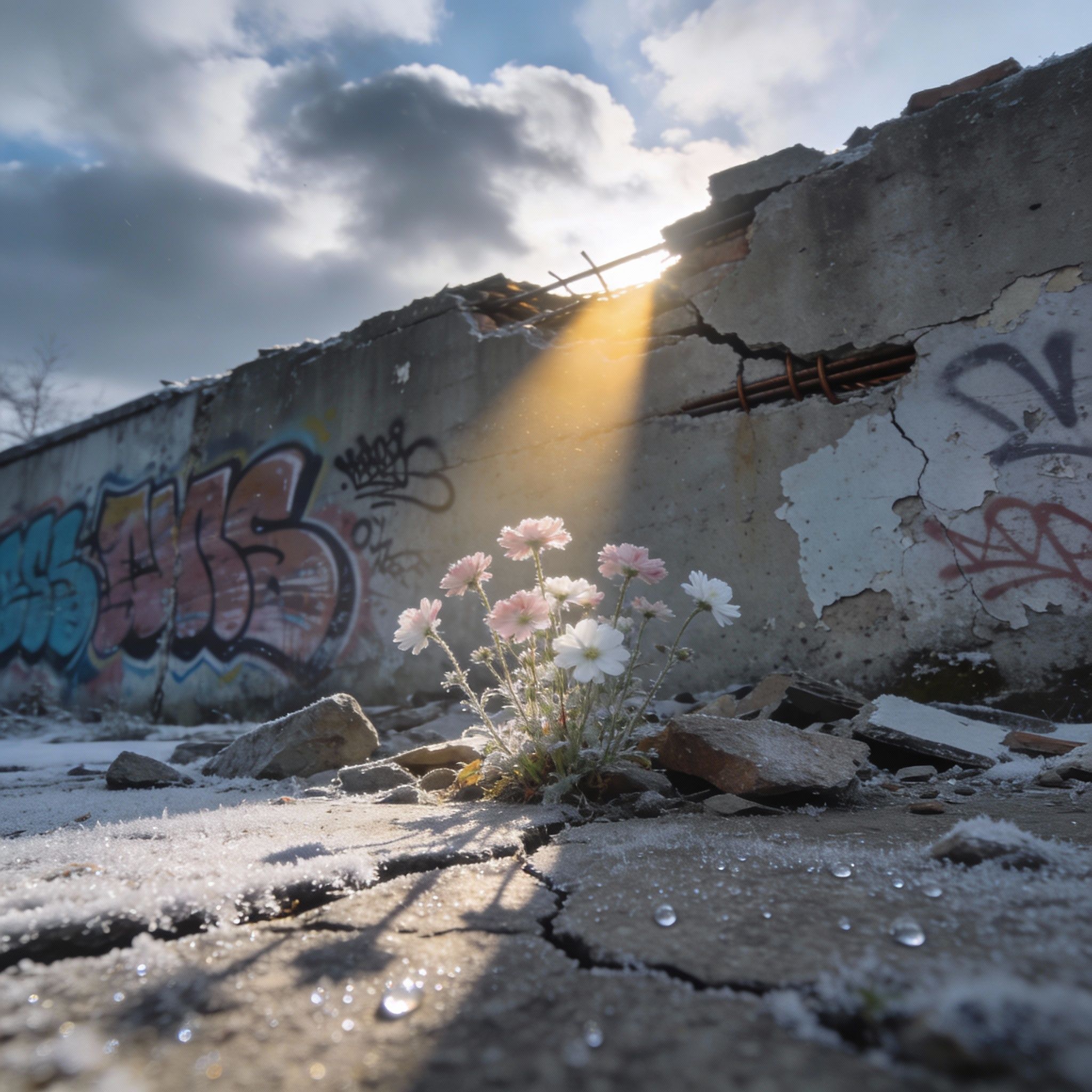 A half-demolished concrete wall, covered in graffiti, bathed in the cold light of a dawning winter day. A single ray of sunlight breaks through the clouds, illuminating a patch of wildflowers pushing through the rubble.
