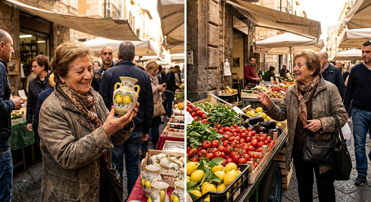 A candid photograph of an Italian person in a bustling open-air market, looking with delight at a single, exquisitely crafted ceramic vase on one stall, and then with equal appreciation at a vibrant display of various fresh, ripe fruits and vegetables on another. The scene is full of warm, inviting light, capturing the rich textures and colors of Italy.