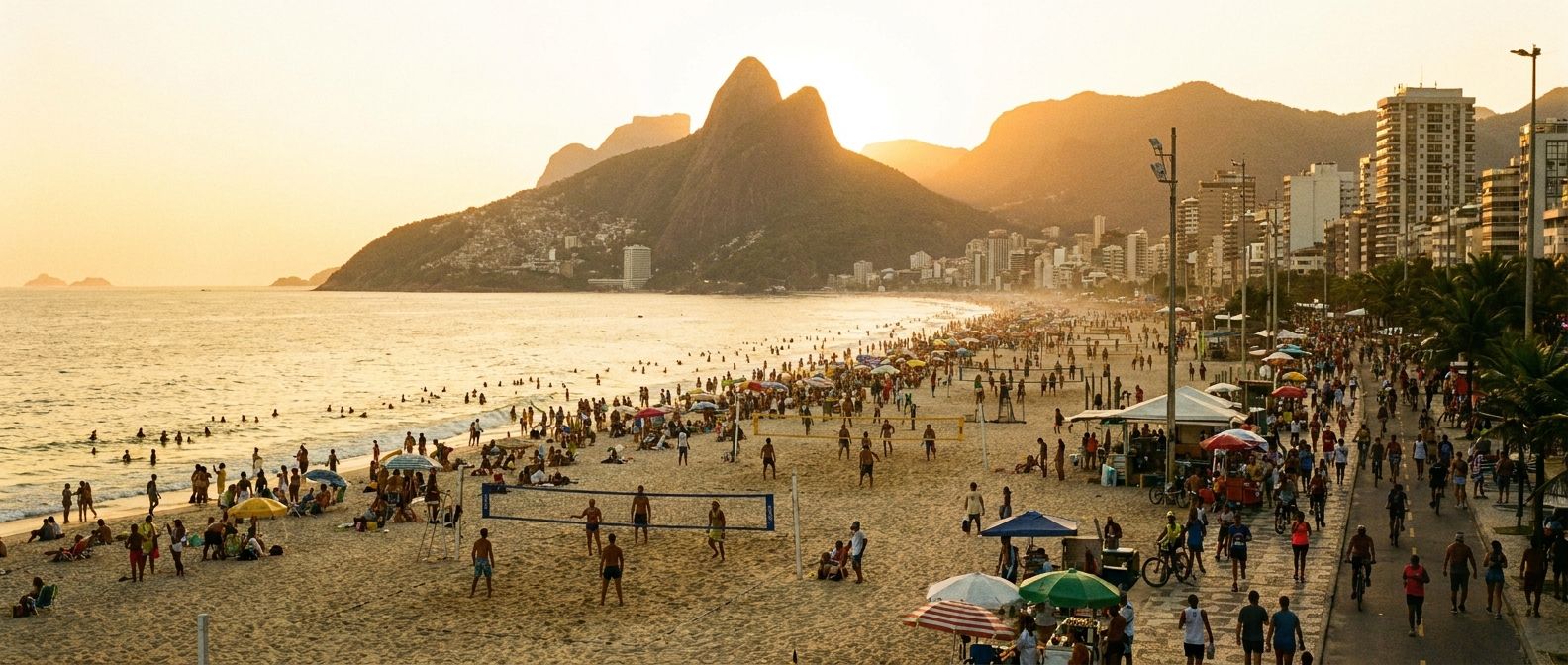 A wide, vibrant photograph of a bustling Brazilian beach at sunset, like Ipanema or Copacabana. People are actively playing beach volleyball, swimming in the ocean, and cycling or running along the lively promenade, all bathed in warm, golden light.