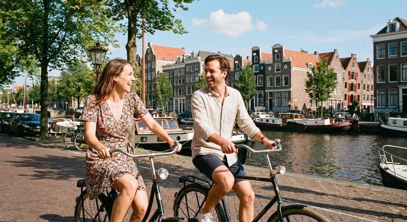 Two friends ride bicycles side-by-side along a sunny Dutch canal, historic gabled houses lining the background. They are smiling warmly and making eye contact, deeply engaged in conversation, captured as a vibrant photograph.