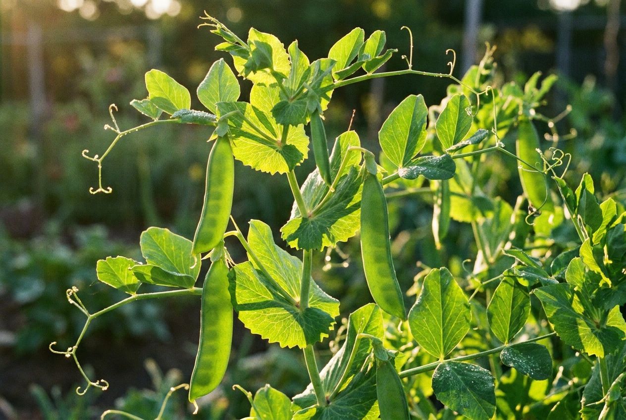 A striking close-up photograph of a vibrant, healthy pea plant, its lush green leaves and developing pea pods prominently featured. Dramatic golden hour sunlight bathes the plant, casting intricate shadows and highlighting its delicate tendrils and robust growth against a soft-focus natural background. Composed for a 3:2 landscape frame.