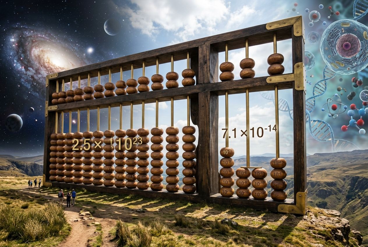 A wide, sunlit landscape featuring an enormous abacus with gleaming brass fittings. The beads are arranged to display both very large and very small numbers in standard form, with a blurred background suggesting the vastness of space and the microscopic world.