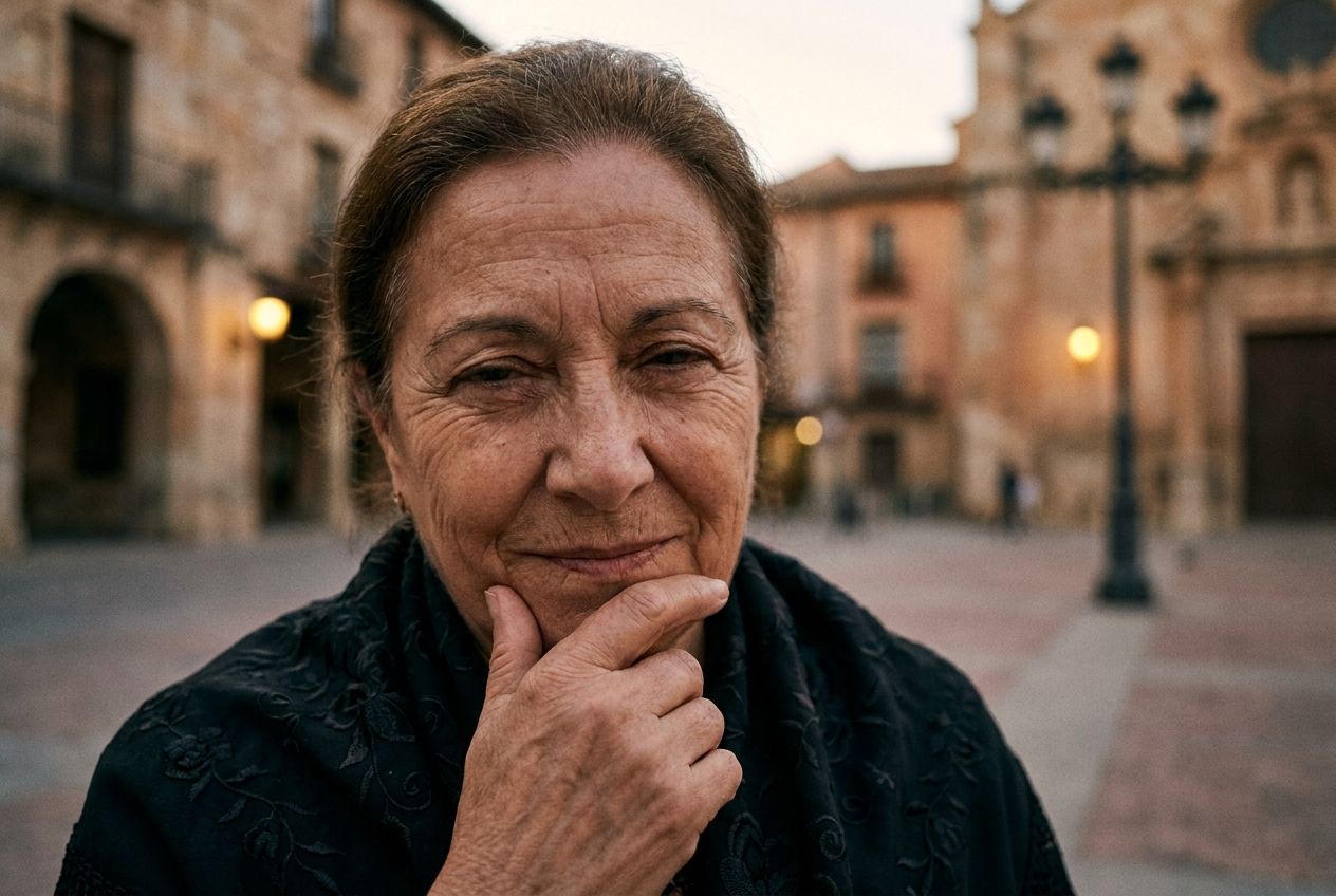 A dramatic, close-up photograph of an older Spanish woman, her eyes thoughtful and slightly narrowed, with a subtle, knowing expression, as if she is silently processing a complex situation or unspoken idea. Her hand is gently raised to her chin in contemplation. The background is a softly blurred, warm-toned hint of a traditional Spanish plaza at dusk, composed for a 3:2 landscape frame.