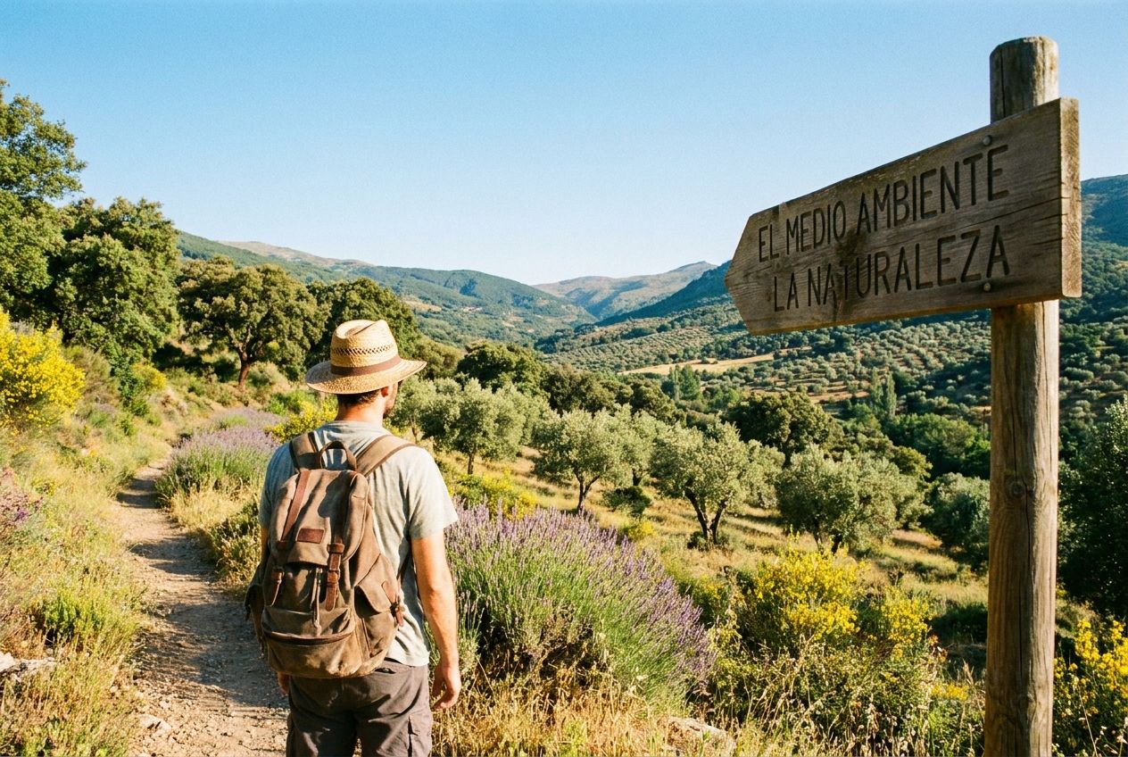 A vibrant, sun-drenched photograph of a lone hiker standing on a scenic trail in a lush Spanish national park, surrounded by verdant Mediterranean flora and clear blue skies. The scene evokes the beauty and importance of protecting "el medio ambiente" and "la naturaleza" in a 3:2 landscape frame.