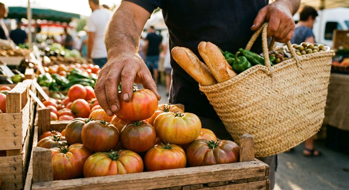 A close-up, vivid photograph of hands in a bustling Spanish market. One hand carefully places a stack of vibrant, ripe tomatoes onto a rustic wooden stall, while in the background, another hand holds a traditional esparto grass shopping basket filled with fresh produce like baguettes and green peppers. The scene is bathed in warm, natural sunlight, capturing the lively atmosphere of a Spanish marketplace.