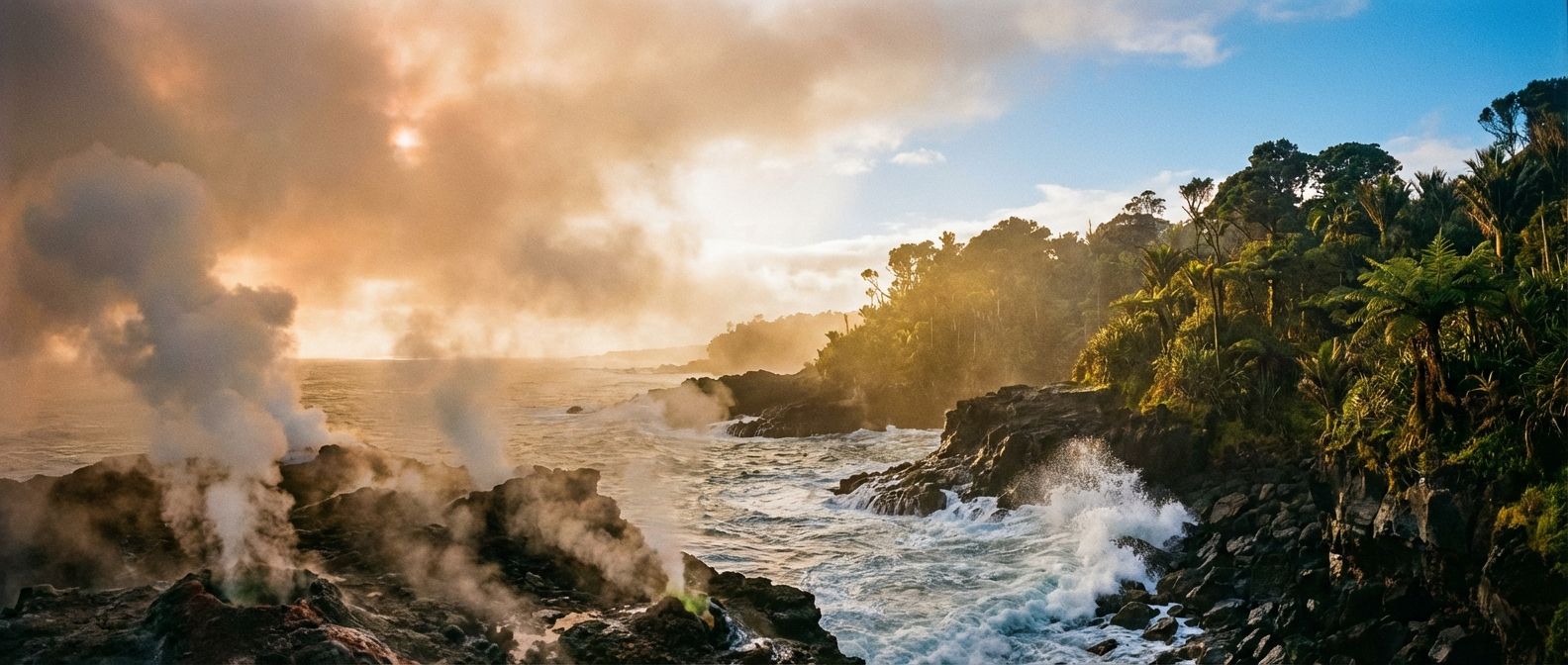 A dramatic wide-angle photograph of a primal Earth landscape. In the foreground, volcanic vents release steam and gases into a hazy, orange-tinged sky, while powerful waves crash against a rocky shore. In the mid-ground, lush green coastal vegetation is beginning to emerge under a sky where hints of clear blue are breaking through the clouds, illuminated by golden sunlight.