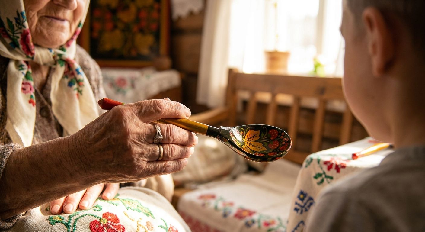 A close-up photograph of an elderly Russian woman's weathered hands carefully presenting a beautifully painted traditional wooden spoon to someone just out of frame, with soft, warm natural light illuminating the intricate details of the spoon and her skin. The background is softly blurred, hinting at a cozy, traditional Russian setting.