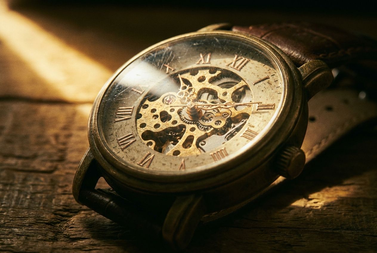 A dramatic, low-angle close-up photograph of a vintage mechanical wristwatch, its ornate hands and Roman numerals sharply defined against a textured, slightly worn face, catching a beam of golden light from the side, creating strong contrasts and deep shadows in a 3:2 landscape frame.