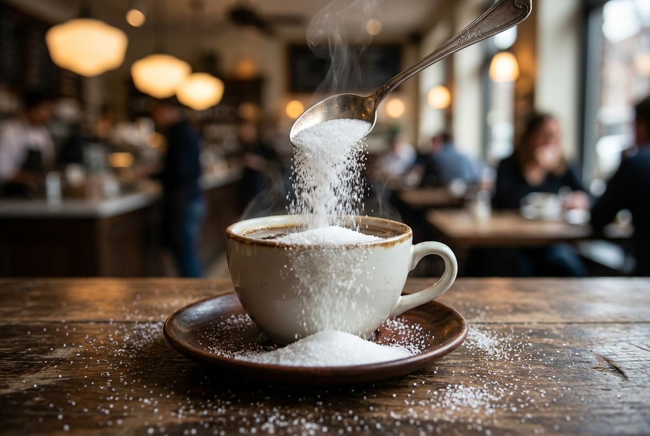 A vivid, close-up photograph capturing a stream of white sugar overflowing from a spoon into a steaming cup of coffee, with sugar crystals spilling onto the dark saucer. The scene is set in a warm, inviting cafe, emphasizing the concept of 'too much' in a 3:2 landscape.
