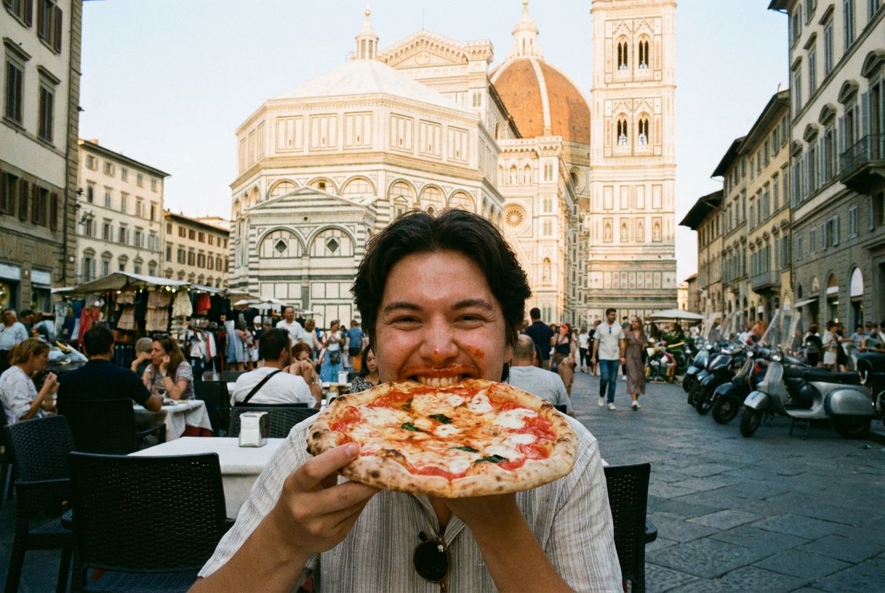 A candid, vibrant photograph of a person smiling as they enjoy a classic Italian pizza at an outdoor cafe in a lively piazza in Florence, with the iconic Duomo visible in the background. The scene should feel authentic and full of life, bathed in warm, late afternoon light, captured in a 3:2 landscape frame.
