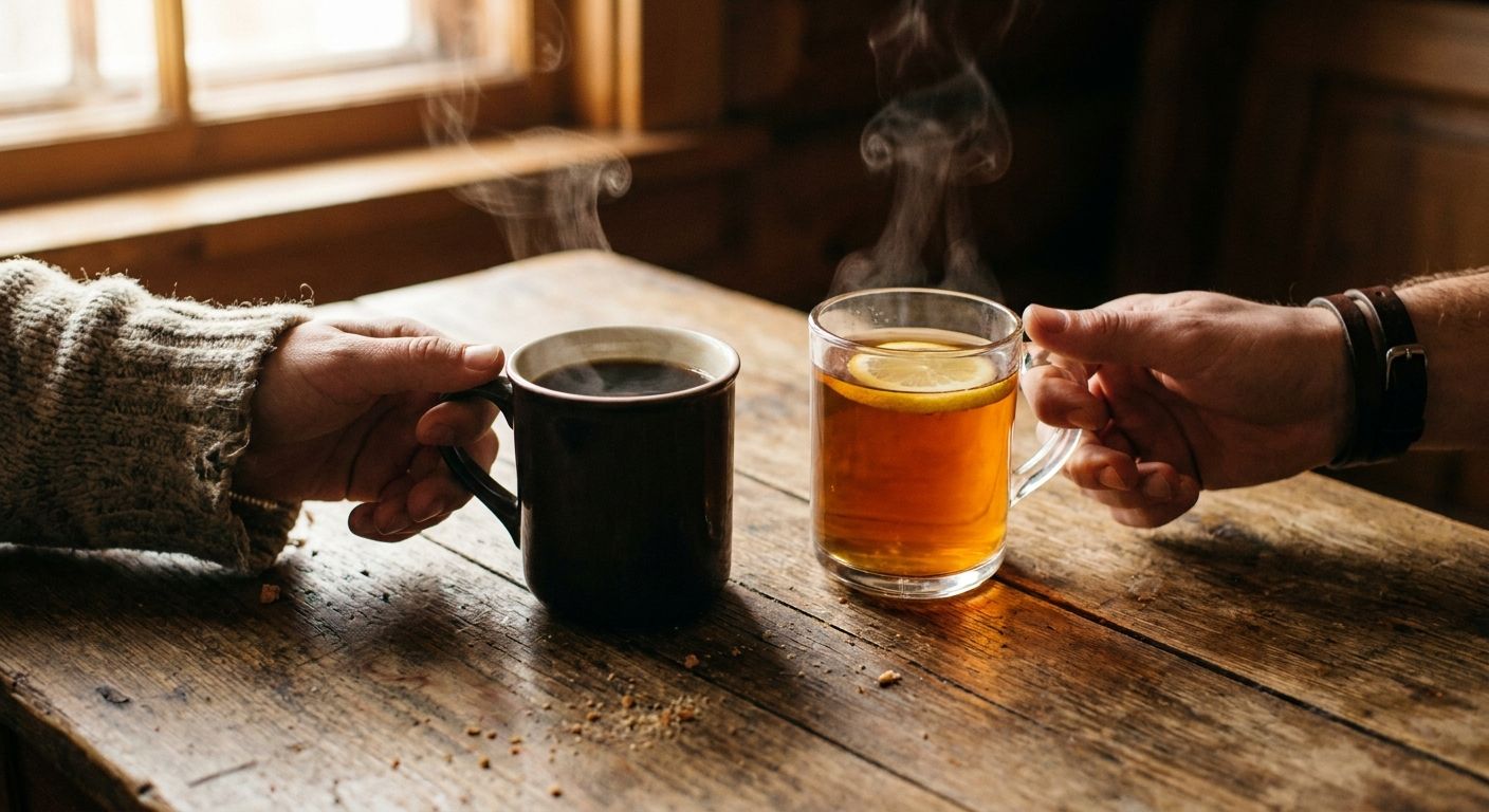 An extreme close-up, eye-level shot of two hands reaching for two distinct steaming mugs on a rustic wooden table, one mug filled with dark coffee and the other with amber tea. The hands are slightly blurred in motion, suggesting a moment of decision or interaction, illuminated by warm, soft light from a nearby window, creating a vivid, tactile scene.