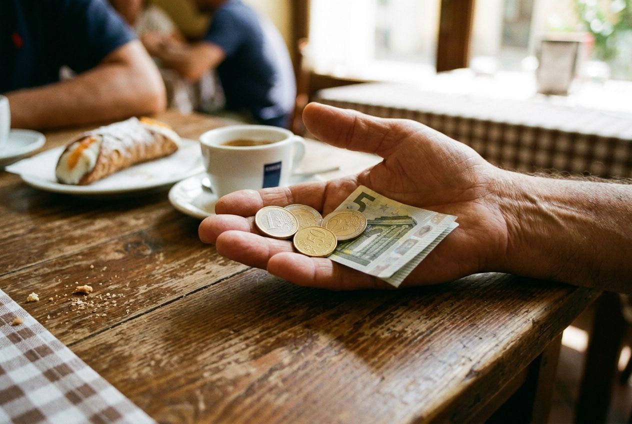 A warm, close-up photograph captures a hand holding a few Euro coins and a small paper bill on a rustic wooden table at a charming Italian trattoria. In the soft-focus background, a delicious espresso or a traditional Italian pastry like a cannolo is visible, evoking the everyday use of numbers in Italian culture. The scene is bathed in natural light, composed for a 3:2 landscape.