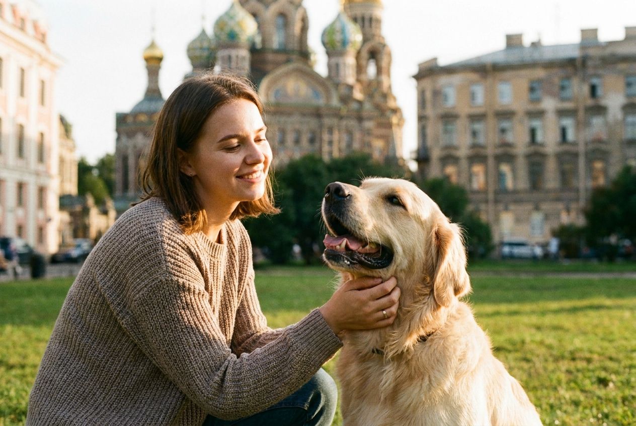 A young woman with a warm smile kneels down, affectionately petting her golden retriever who looks up at her with adoration in a sunlit park in a Russian city. The close-up shot captures their bond in soft, golden hour light, with blurred classical architecture in the background, composed for a 3:2 landscape frame.