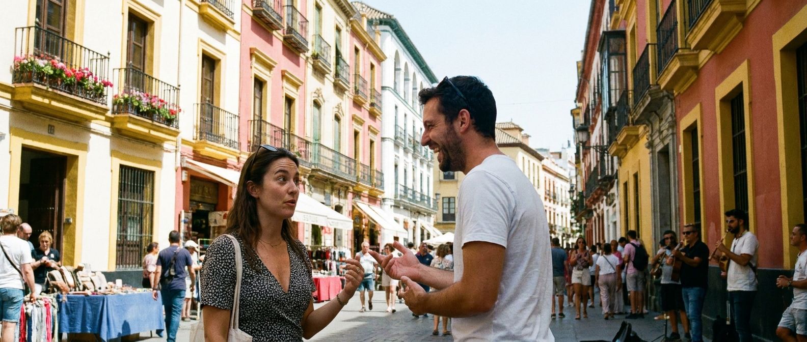 A vibrant, candid photograph of two people, one with an inquisitive expression and the other smiling, engaged in a friendly outdoor conversation on a sunny, bustling street in a historic Spanish city. The background features colorful traditional architecture and a lively atmosphere, all captured in a wide, horizontal frame.