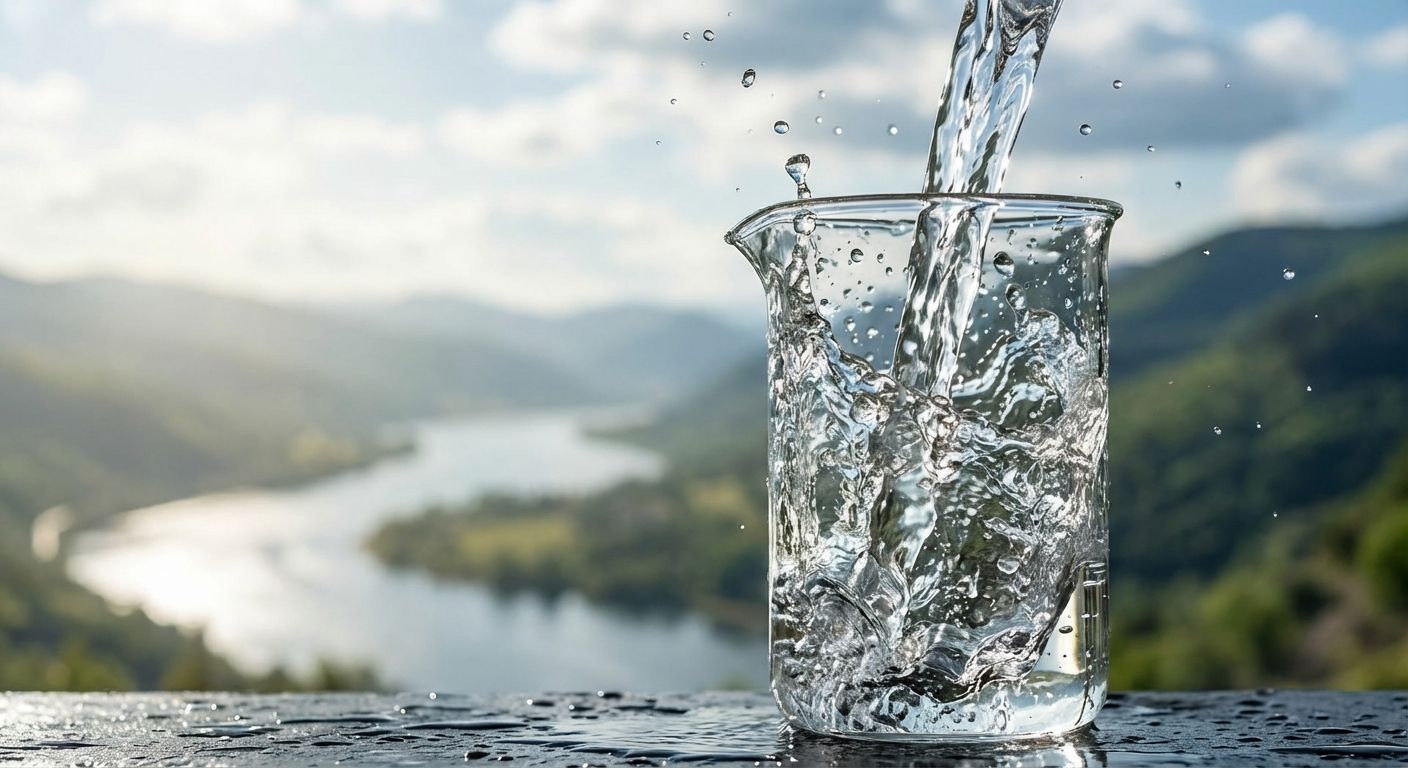 A dramatic close-up photograph of crystal-clear, purified water cascading and splashing into a clean glass beaker, perfectly focused. In the soft-focus background, a wide, serene landscape vista of a vast, natural freshwater lake or river under a bright sky, conveying the source and journey of water.