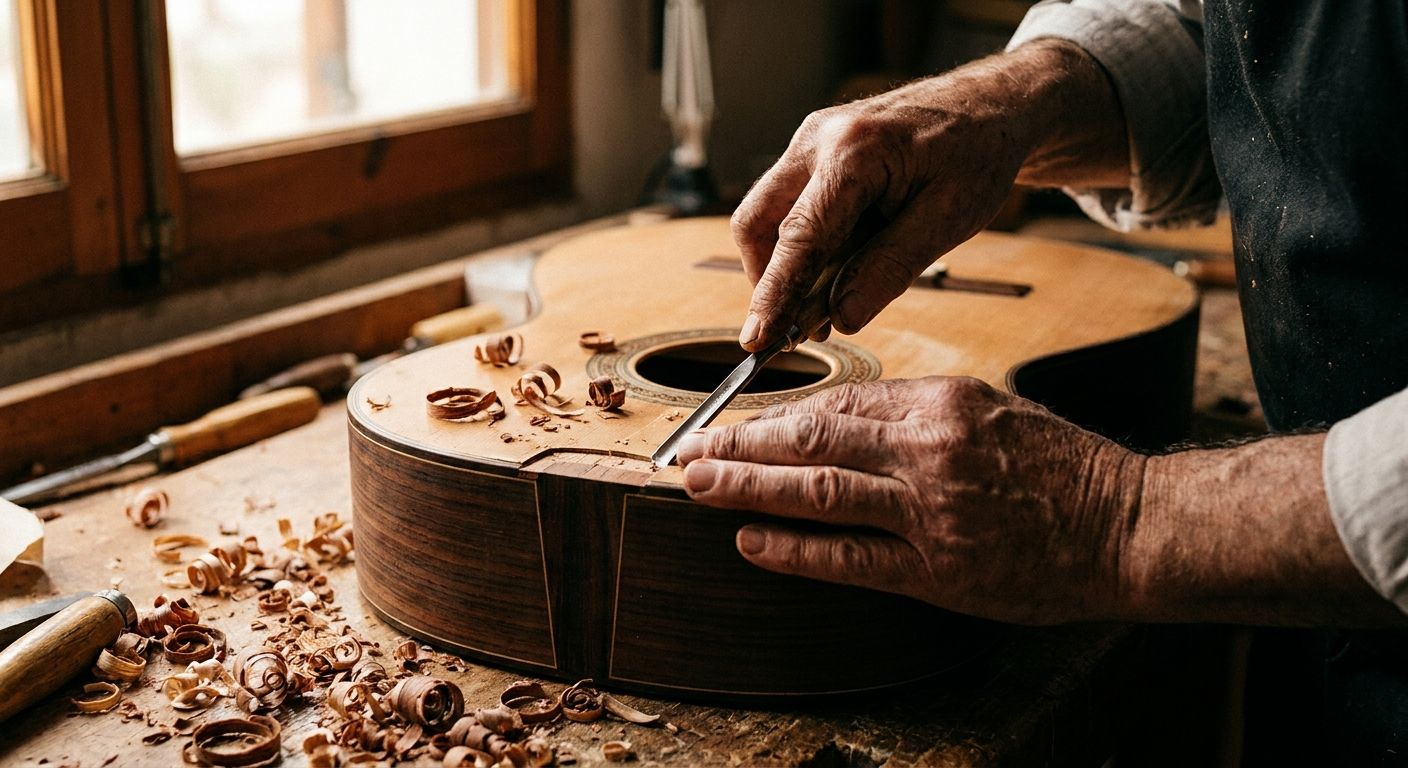 A dramatic close-up photograph of a luthier's hands expertly shaping the intricate wooden body of a classical Spanish guitar, with fine wood shavings scattered around the focused work. The image emphasizes precision, craftsmanship, and deep skill under warm, natural light.