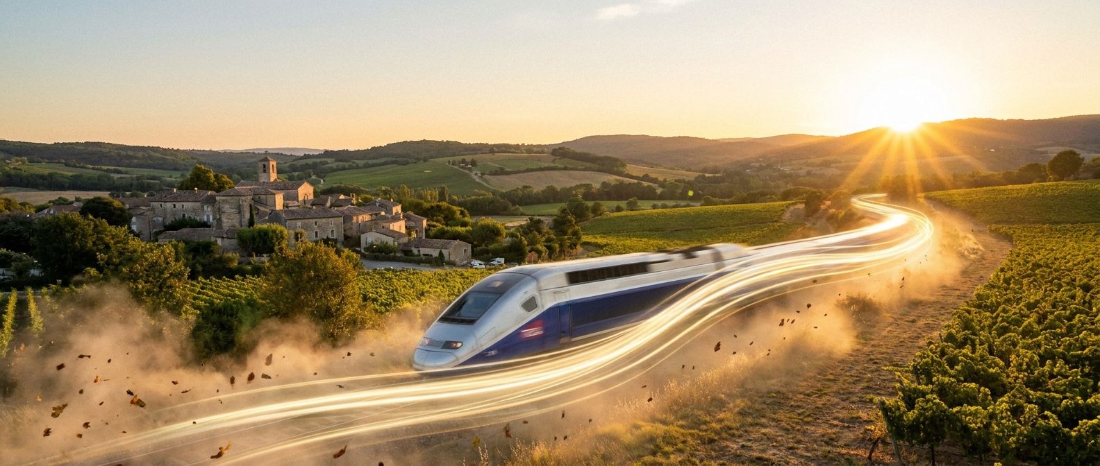 A dynamic, wide-angle photograph of a sleek, modern TGV high-speed train, captured mid-motion as it blurs through a picturesque French countryside at sunset. The train's rapid, fluid movement symbolizes the efficiency and seamless flow of informal speech reductions, with vibrant golden light illuminating the scene.