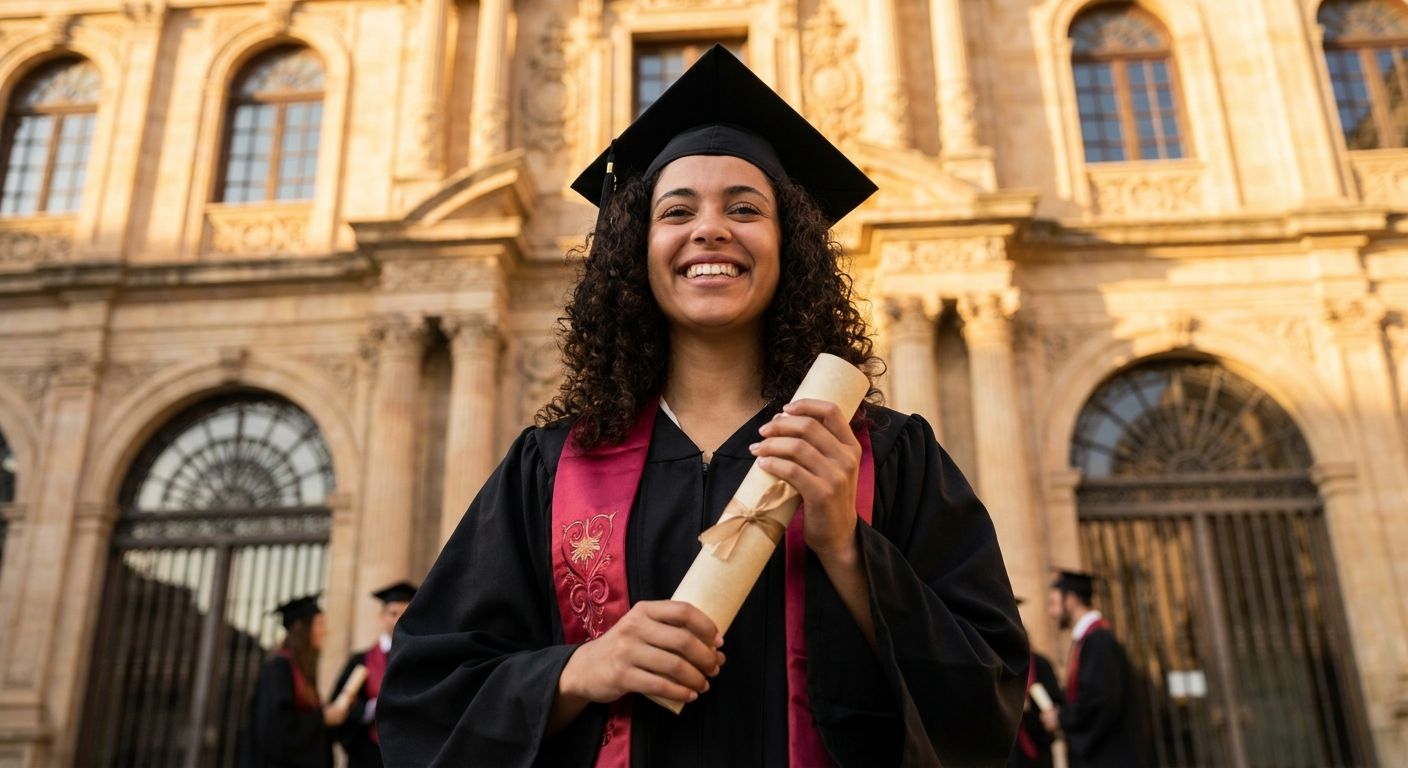A striking, low-angle photograph of a young Spanish student wearing a graduation cap and gown, holding a rolled-up diploma, with a magnificent, sunlit historic Spanish university facade in the background. The scene evokes a sense of accomplishment and the rich tradition of education.