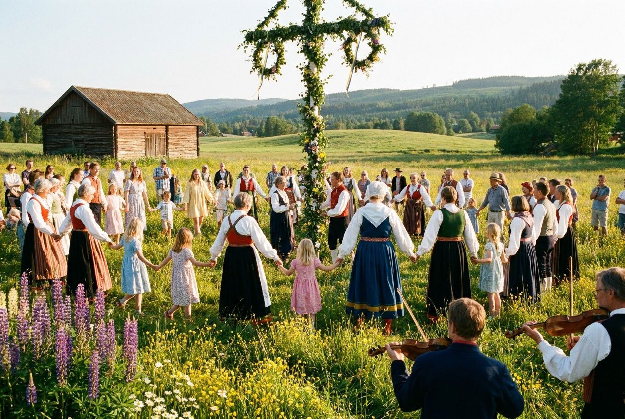 A joyful Midsummer celebration in rural Sweden, with people of all ages dancing in a circle around a tall, flower-decorated maypole. The scene is bathed in golden sunshine, highlighting vibrant wildflowers and traditional attire, capturing a warm, festive community spirit in a 3:2 landscape photograph.