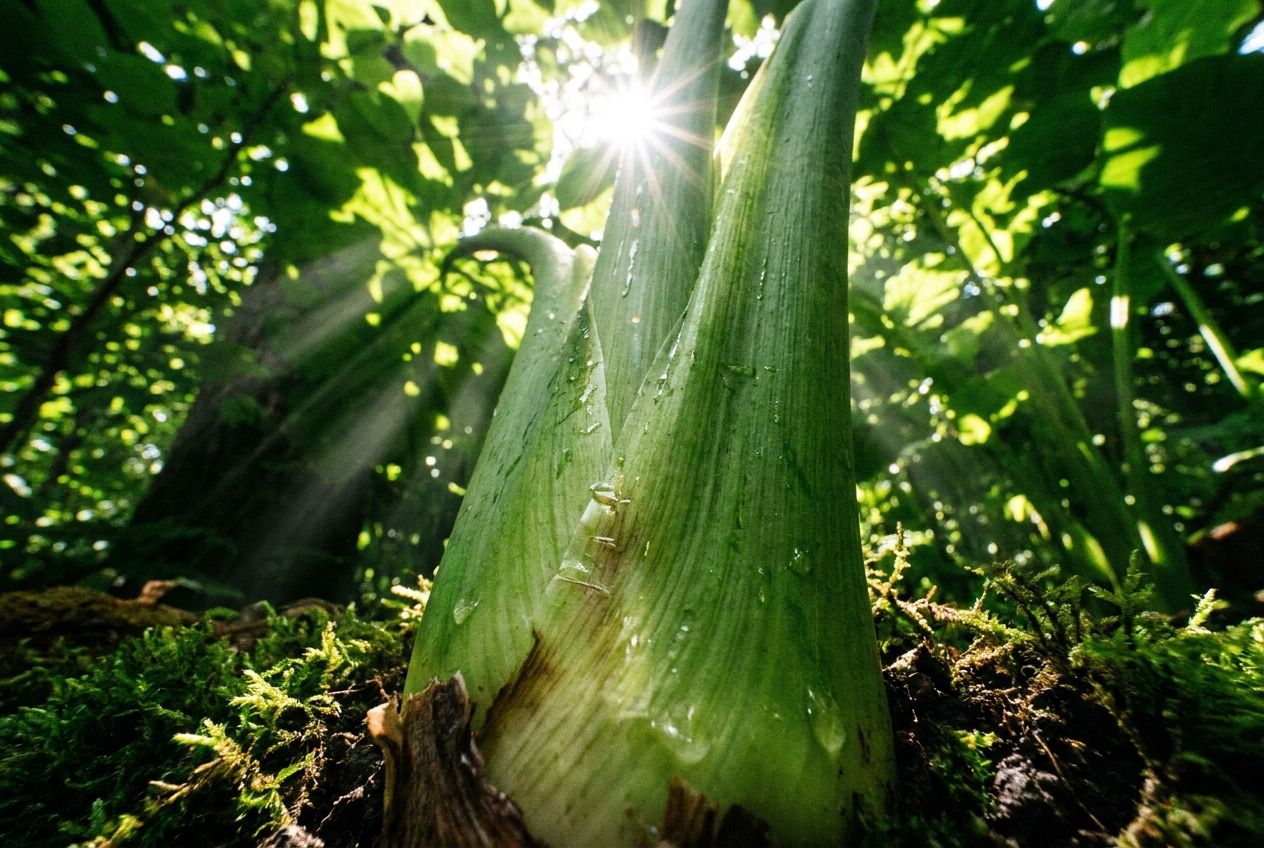 A dramatic, low-angle close-up photograph of a strong, vibrant green plant stem reaching upwards towards bright sunlight filtering through a canopy of leaves. The scene evokes the essential internal transport and structural support within the plant, composed for a 3:2 landscape frame.