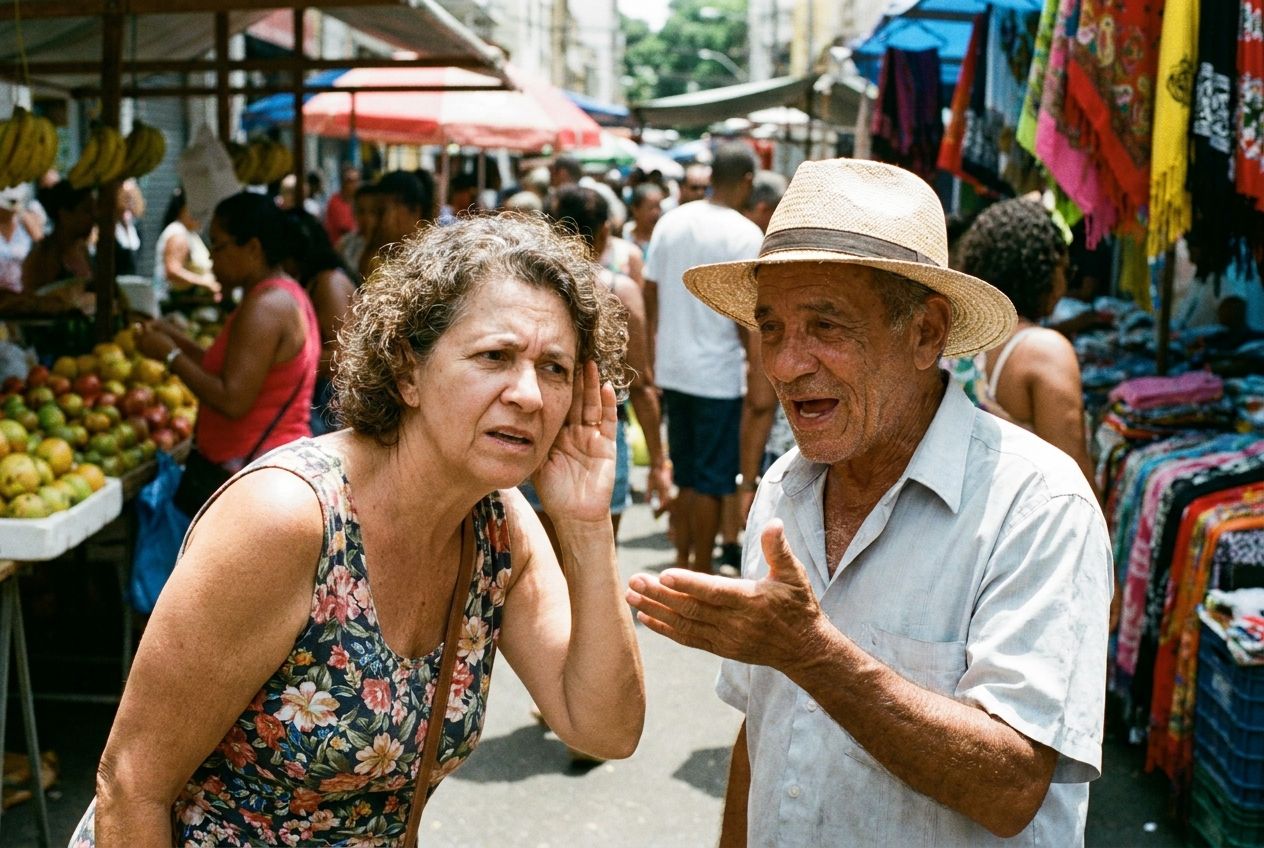 A candid photograph of two people, appearing Brazilian, engaged in conversation in a bustling, sunny outdoor market in Brazil. One person is leaning in slightly with an inquisitive expression, perhaps with a hand subtly raised or an open gesture, while the other person looks ready to repeat or clarify. The scene captures a moment of gentle conversational repair, with natural light and vibrant colours, composed for a 3:2 landscape frame.