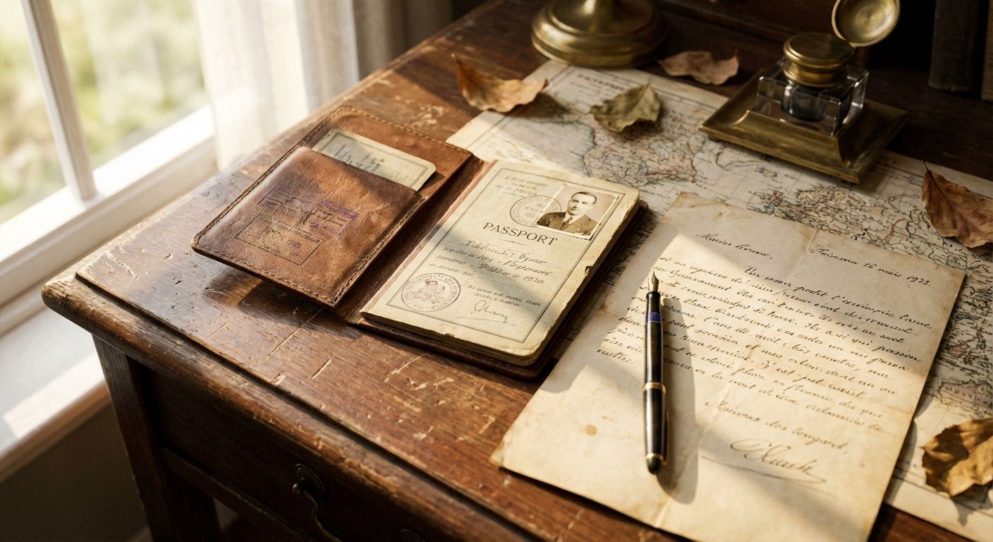 This image has a vintage, almost sepia-toned feel with a warm, natural light source, possibly from a window. The subject matter includes antique travel documents and writing instruments arranged on a dark, wooden desk. In the foreground, there is a worn, leather passport, an open wallet, a handwritten letter with a fountain pen, an old map, and a vintage inkwell with a quill. Scattered dried leaves add to the nostalgic, travel theme. The composition is well-balanced, with the items overlapping and angled to create depth and interest.