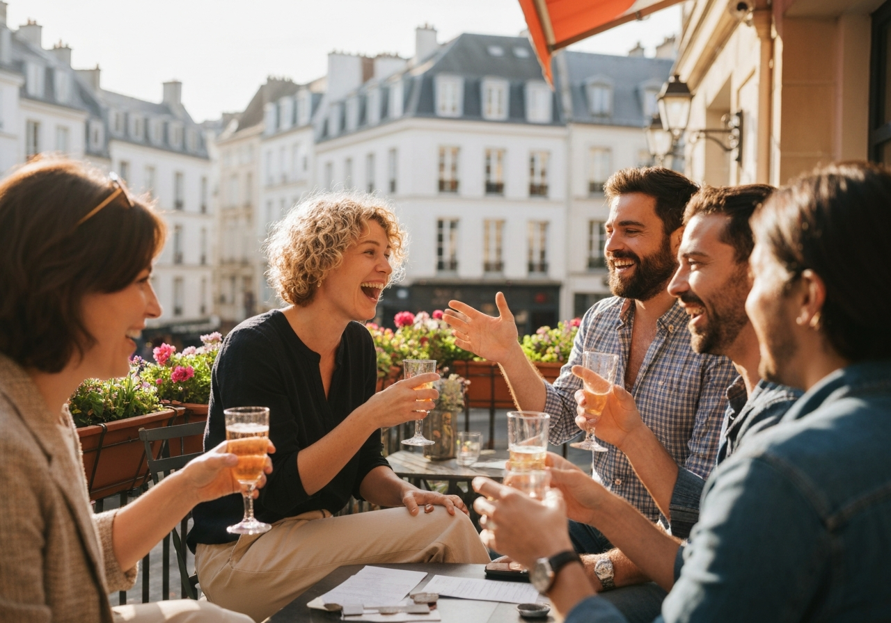 A group of friends laughing and gesturing animatedly while enjoying drinks on a charming outdoor café terrace in a picturesque French city, bathed in warm afternoon sunlight, capturing a moment of lively social planning and connection.