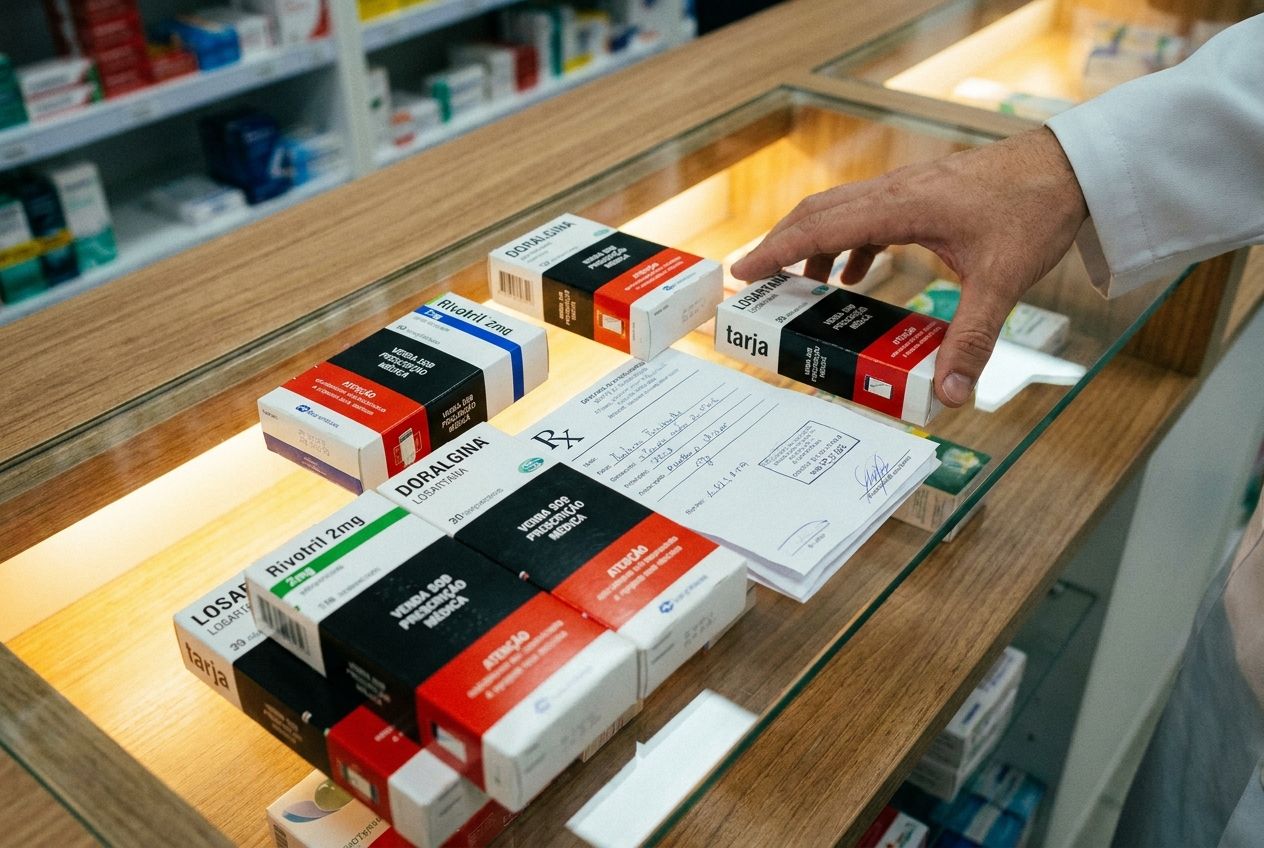 A vivid, cinematic close-up photograph inside a modern Brazilian pharmacy, focusing on an assortment of medicine boxes clearly displaying prominent red and black stripes ("tarjas"), alongside a neatly folded doctor's prescription. The scene is brightly lit, showcasing the distinct packaging and the professional medical context, composed for a 3:2 landscape frame.