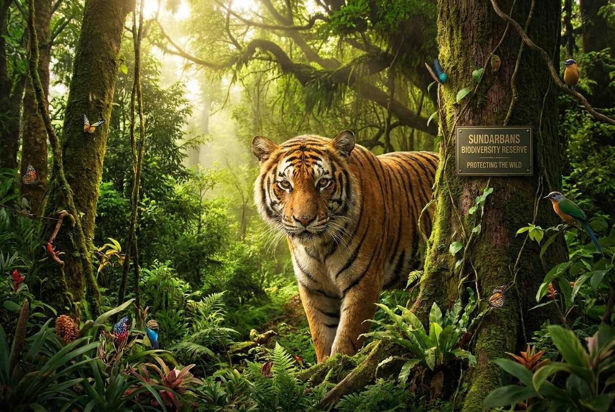 A powerful Bengal tiger gazes directly from dense, sun-dappled jungle foliage in a vibrant nature reserve, embodying the essence of biodiversity and species protection. The dramatic lighting emphasizes the rich textures of the wild environment in a striking 3:2 landscape photograph.