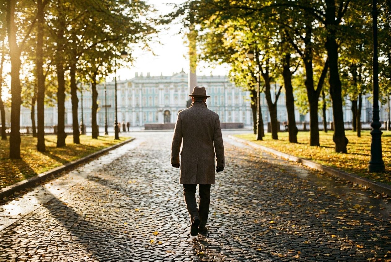 A lone figure walks purposefully along a wide, tree-lined boulevard in a historic Russian city during autumn, their back slightly to the camera, heading towards a grand, classical building in the distance. Warm, golden sunlight filters through the trees, casting long shadows in a wide-angle photograph with a shallow depth of field, 3:2 landscape.