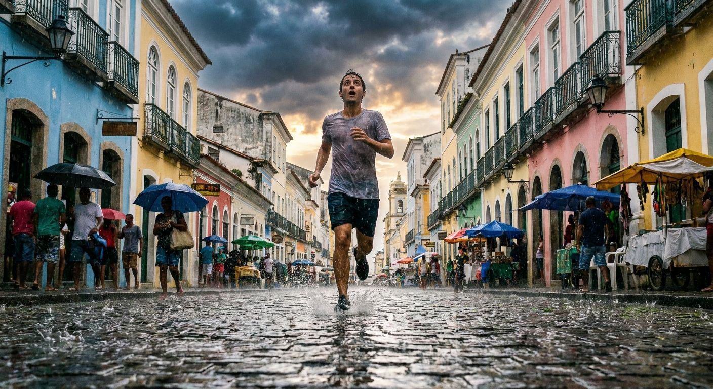 A dramatic photograph of a person on a vibrant street in a Brazilian city, caught mid-stride as a sudden, torrential tropical rainstorm begins. The foreground shows the initial impact of heavy raindrops on the wet pavement, while in the background, the sky darkens dramatically, contrasting with the earlier bright, sunny atmosphere, capturing the abrupt transition from an ongoing activity to an interrupting event.