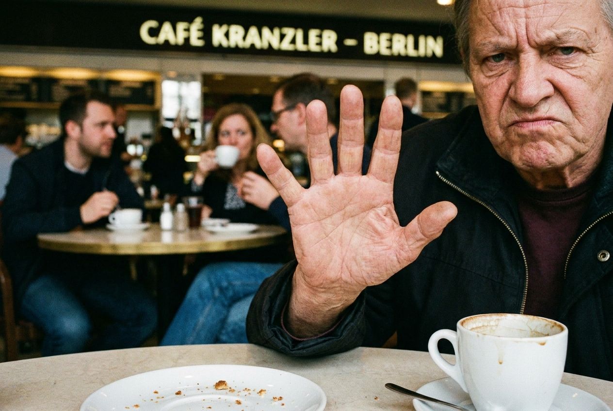 A dramatic close-up photograph of a person in a lively German cafe, mid-conversation, making a firm, decisive 'no' gesture with their hand, their expression conveying clear disagreement or correction. The background is softly blurred, focusing attention on the expressive gesture and face, composed for a 3:2 landscape frame.