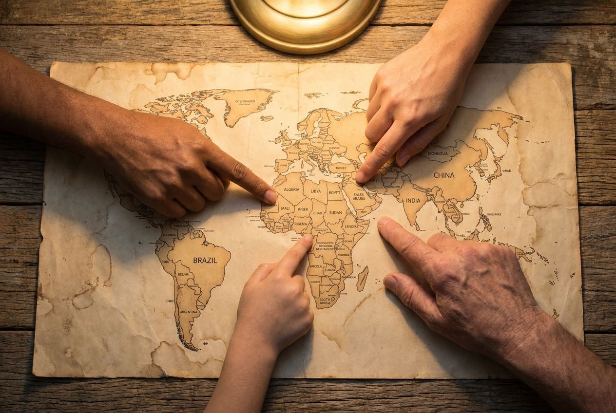 An extreme close-up, top-down photograph of diverse hands, including different skin tones, pointing to various countries on a beautiful, aged world map spread across a rustic wooden table. Soft, warm light emphasizes the map's texture and subtle creases, creating an intimate, collaborative atmosphere within the 3:2 landscape frame.