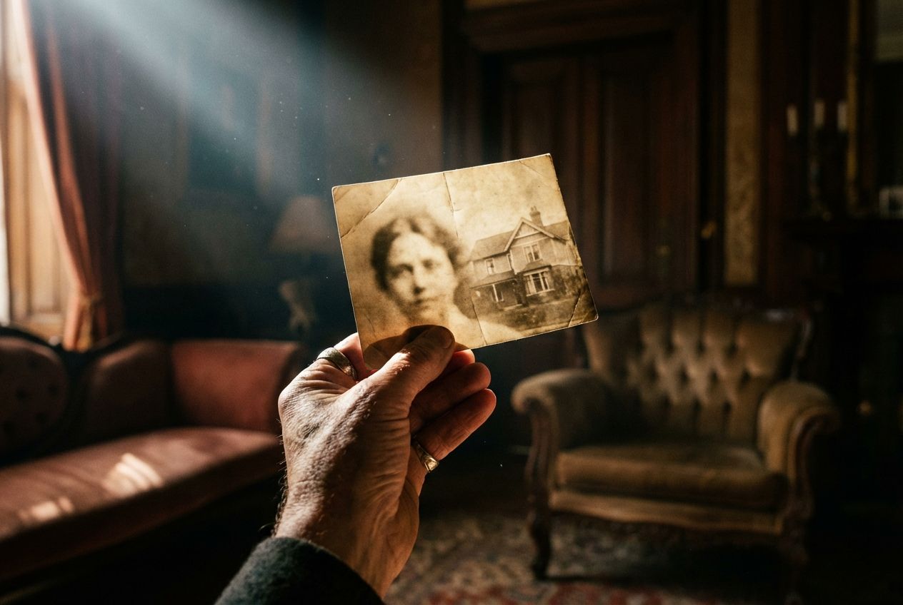A dramatic close-up, composed for a 3:2 landscape frame, shows an enigmatic hand holding an old, slightly faded photograph, intensely illuminated by a single, harsh beam of light. This stark light slices through the soft, warm shadows of an opulent Edwardian drawing-room, creating a strong contrast and sense of revelation.