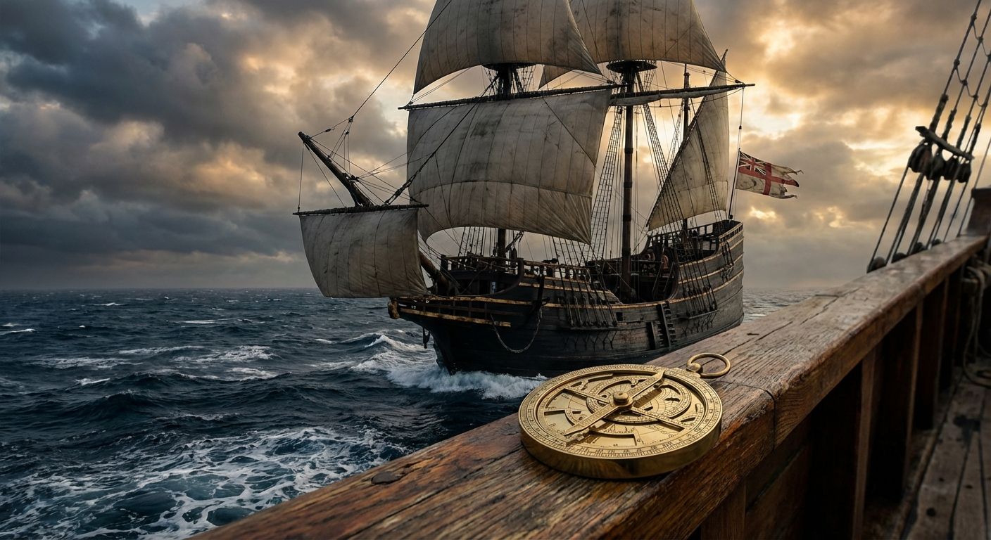 A majestic 16th-century English galleon, with sails unfurled, powerfully cuts through dramatic ocean waves under a turbulent, cloud-filled sky, conveying a sense of daring exploration. In the foreground, resting on the ship's weathered wooden railing, is a finely crafted brass astrolabe, glinting in the dramatic light.