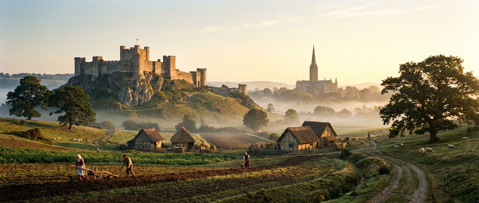 A dramatic wide-angle photograph of a medieval English landscape at dawn, featuring a majestic stone castle perched prominently on a hill in the mid-distance, with the spire of a grand cathedral visible further in the background. In the foreground, a small group of peasants are working the fertile fields, their simple homes nestled amidst rolling hills, all bathed in the soft, golden light of the rising sun.