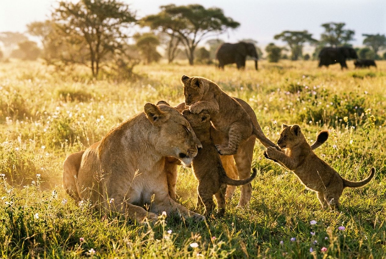 A stunning, close-up photograph of a majestic lioness interacting tenderly with her playful cubs in a sun-drenched savanna, showcasing the vibrancy of life. The scene should highlight growth, movement, and the innate sensitivity of living organisms in their natural habitat, composed for a dramatic 3:2 landscape frame.