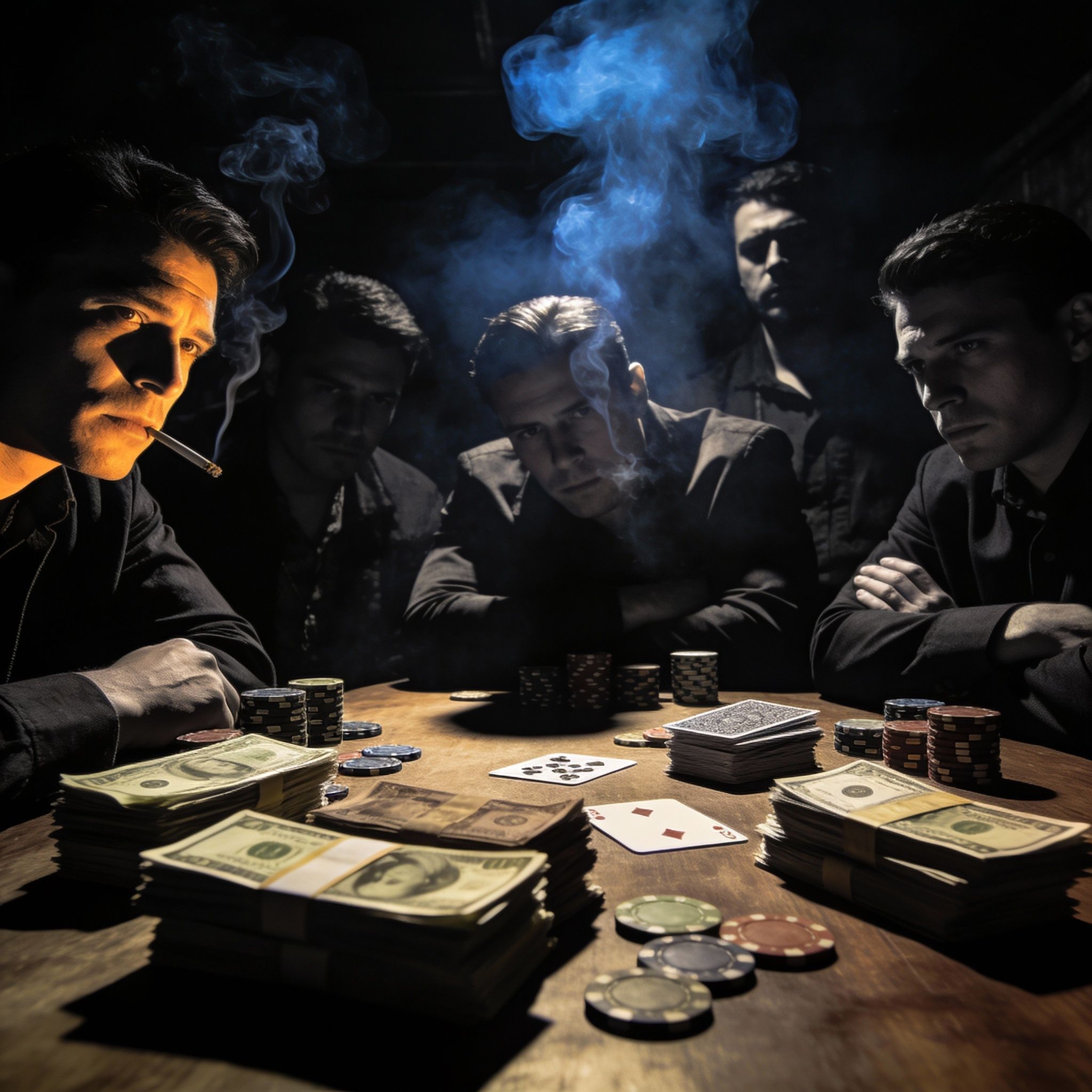 A dimly lit, smoky backroom poker game, with stacks of cash and serious faces. The lighting is film noir style, with sharp contrasts.