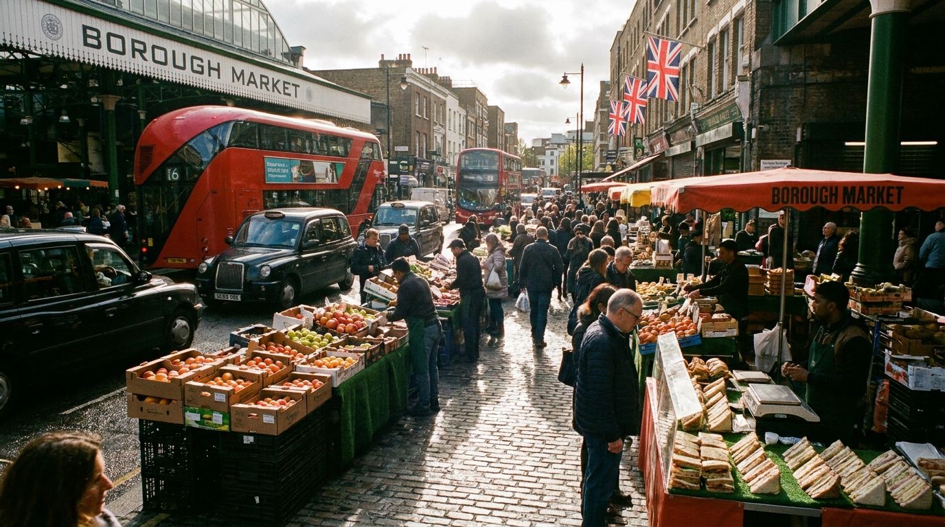 A vibrant, wide-angle photograph of a bustling British market street. In the foreground, there are multiple distinctive objects like several red double-decker buses, numerous people walking, a few traditional black cabs, and various items on market stalls like boxes of fruit and rows of sandwiches, all captured with dynamic action and natural light.