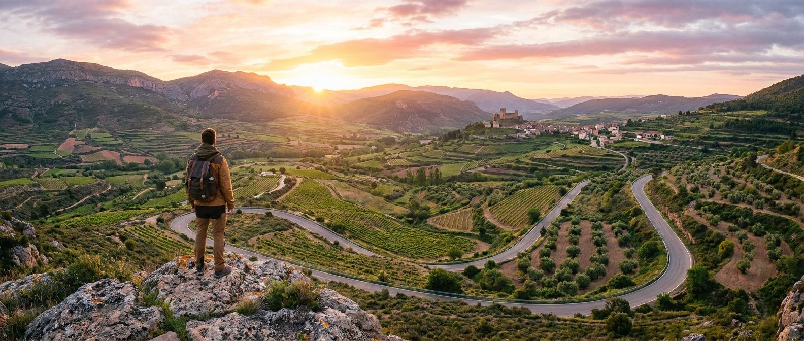 A captivating wide-angle photograph of a person standing on a scenic overlook, gazing at a winding road disappearing into a vibrant Spanish landscape under an optimistic sunrise. The scene evokes anticipation and the journey ahead.