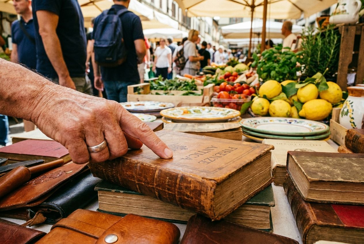 A vibrant close-up photograph of a person's hand pointing to a beautiful, old leather-bound book on a stall at a bustling outdoor Italian market. Other traditional Italian crafts, fresh produce, and a blur of market-goers fill the background, emphasizing selection and ownership in a warm, inviting atmosphere, composed for a 3:2 landscape frame.