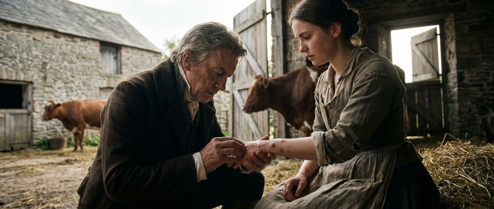 A dramatic, low-angle photograph of an 18th-century English country doctor, Edward Jenner, intently examining the hand of a young milkmaid, with subtle signs of cowpox, in a rustic farm setting. Soft, natural light filters through, highlighting the moment of scientific observation that led to the smallpox vaccine, composed for a wide landscape frame.