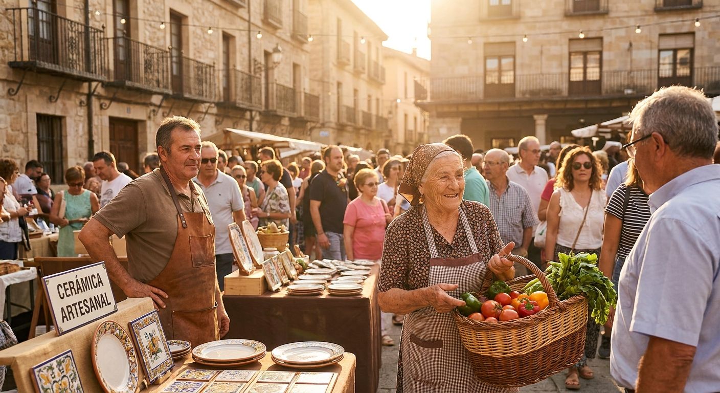 A vibrant, sun-drenched Spanish market scene at golden hour, filled with colorful stalls and bustling activity. In the foreground, a Spanish woman with a warm, joyful expression (representing *estar*) holds a woven basket brimming with fresh produce (representing *tener*), while a proud artisan (representing *ser*) showcases an array of handmade goods. The background reveals a lively crowd of diverse people (representing *hay*) moving through the historic plaza, with beautiful, permanent Spanish architecture framing the scene.