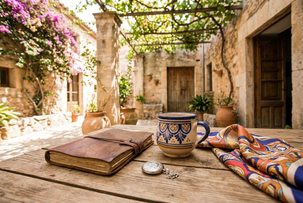 A beautifully composed, warm, wide-angle photograph of a still life on a rustic wooden table in a sunlit Spanish courtyard. The arrangement features a diverse collection of cherished objects that evoke personal identity and heritage: an aged, leather-bound journal, a handcrafted ceramic cup with a unique pattern, a small, intricate silver locket, and a vibrant, patterned silk scarf. Soft, natural light highlights the textures and details, creating a reflective mood for a 3:2 landscape frame.