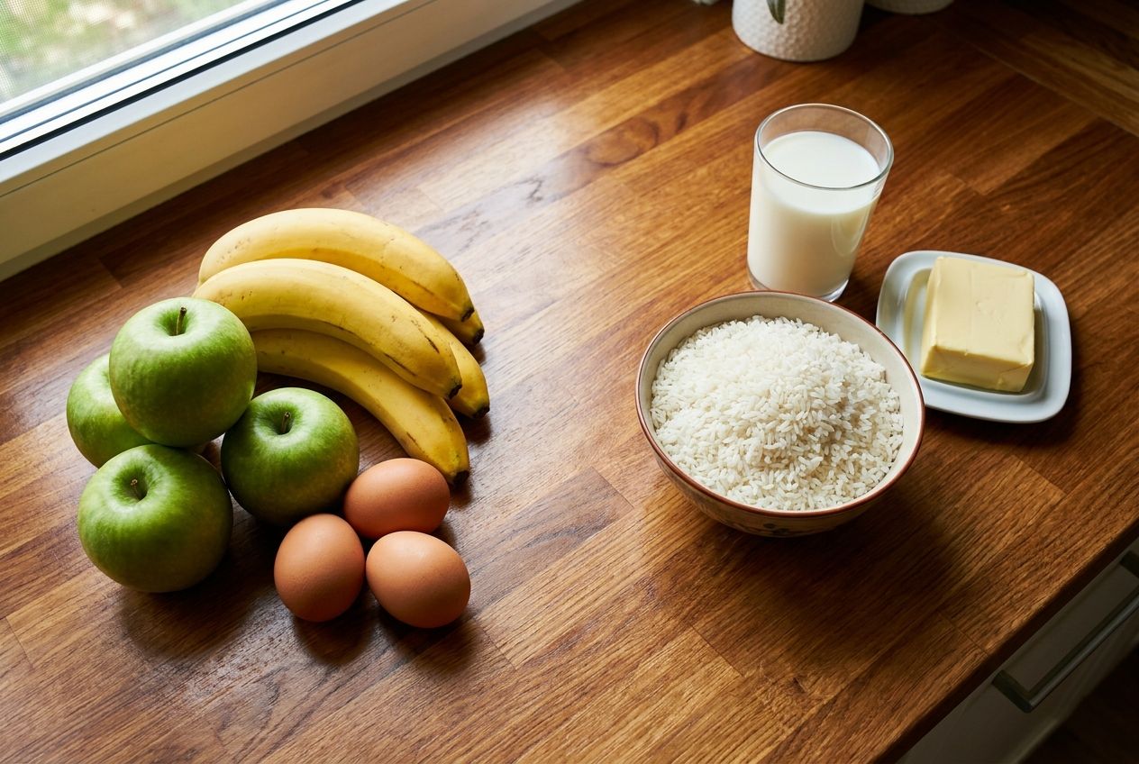 A vibrant, high-angle photographic still life on a polished wooden kitchen counter, showcasing a clear distinction between individual food items and bulk ingredients. On one side, a small pile of crisp green apples, a stack of golden bananas, and a few brown eggs are artfully arranged. On the other, a ceramic bowl overflowing with fluffy white rice, a glass of fresh milk, and a block of rich yellow butter are beautifully presented, with natural light streaming from a window highlighting the textures in a 3:2 landscape frame.