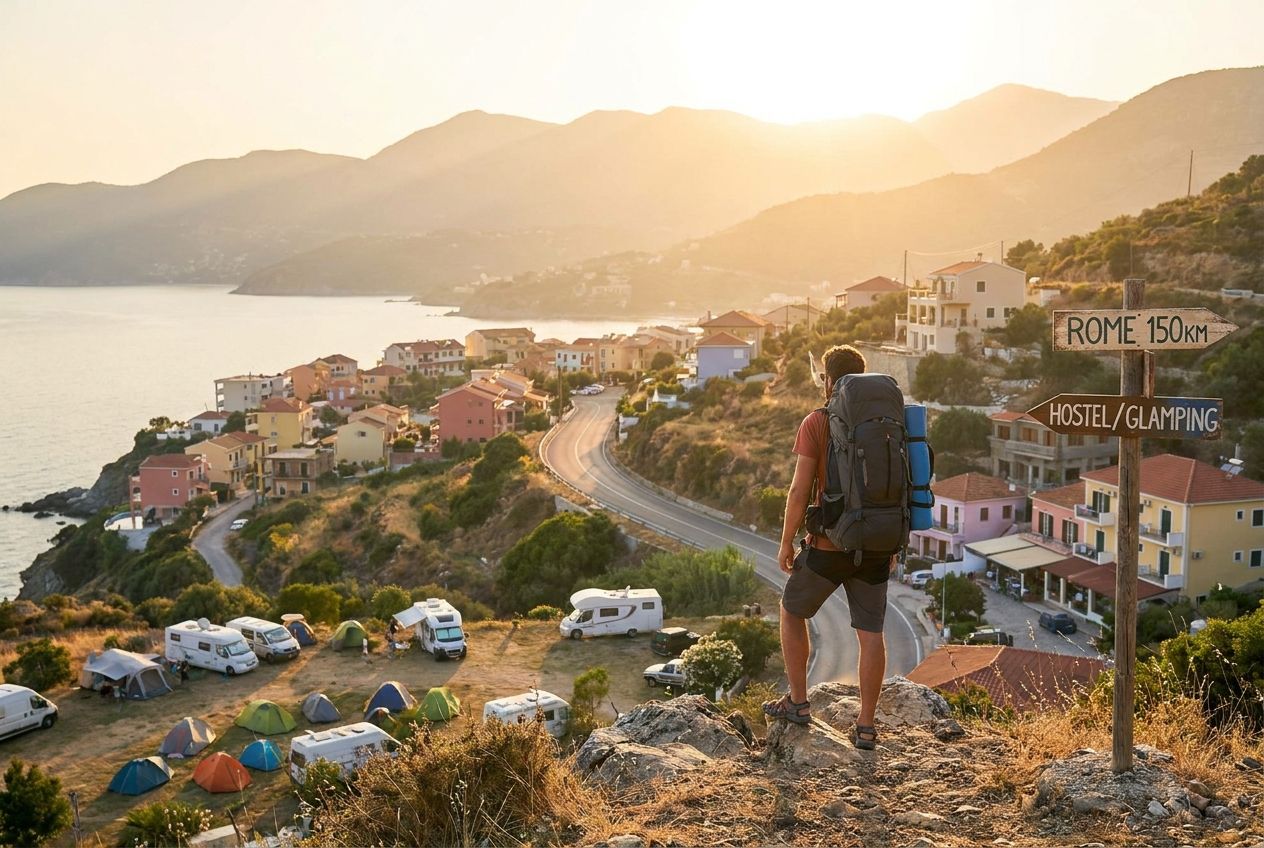 A person with a travel backpack stands at a stunning scenic viewpoint overlooking a vibrant coastal town with a winding road, bathed in warm, golden sunset light. The scene captures the essence of adventure, road trips, and diverse travel accommodations, composed for a 3:2 landscape photograph.