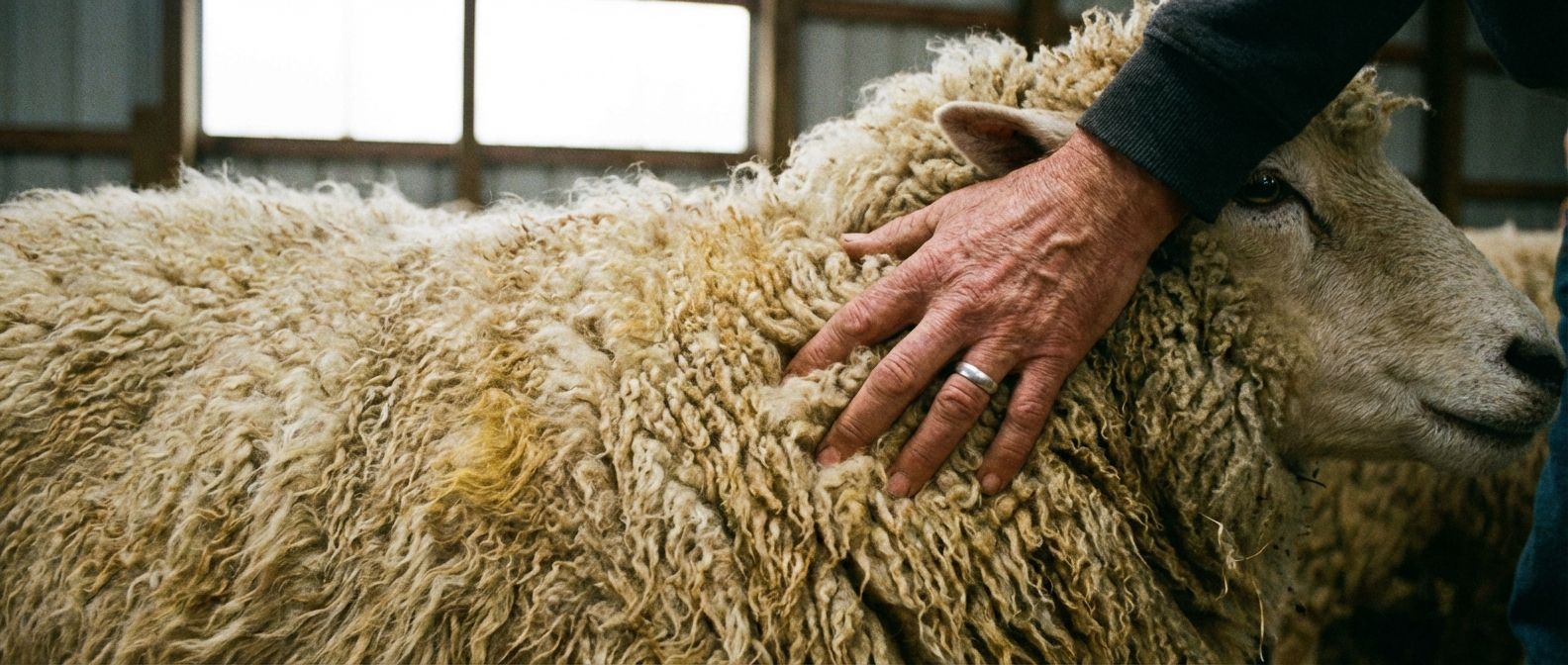 A dramatic, close-up photograph of a sheep with exceptionally dense, luxurious wool, filling a wide horizontal frame. A human hand gently touches the rich, abundant wool, highlighting its texture and quality under soft, natural lighting.